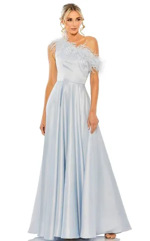 FLAWED NWT Mac Duggal Powder Blue One Shoulder A-Line Feather Gown Size 8 $598 thumbnail 1