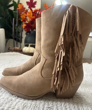 Fringe Western Boots in Tan with Stacked Heel thumbnail 1