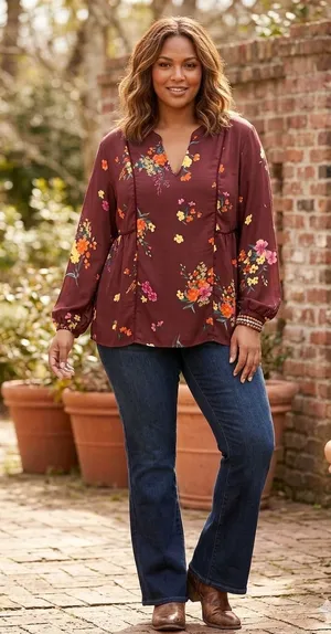 Old Navy Burgundy Floral V-Neck Peplum Blouse‎ Long Sleeve Top thumbnail 1