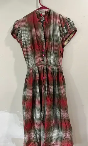 Vintage 50's Marcy Allen Original Red Green Plaid Puff Sleeve Button Dress thumbnail 1