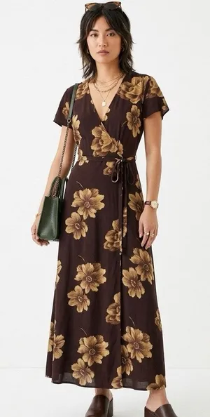 J. CREW VINTAGE Women's 6 Floral Wrap Maxi Dress Flutter Sleeve Brown 90s Y2K thumbnail 1