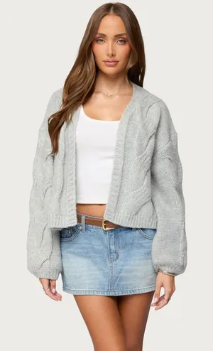 Edikted Braiden Chunky Cable Knit Cardigan in Light Grey Melange M thumbnail 1