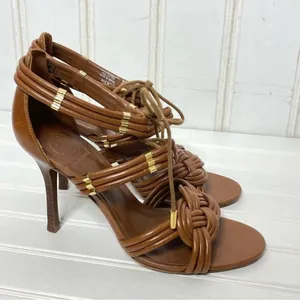 Tory Burch Tan Brown Leather Knotted Strappy Lace Up Stiletto Heels Sandals 9.5M thumbnail 3