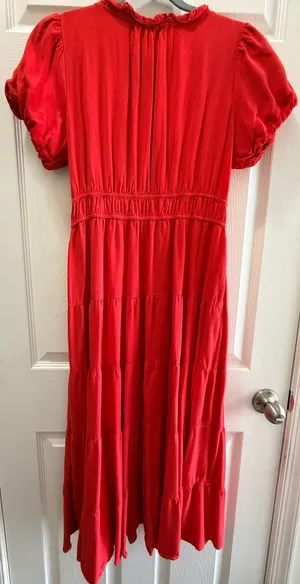 Zesica Tiered Midi Dress Size M Red Smocked Waist V-Neck Flutter Sleeve thumbnail 6