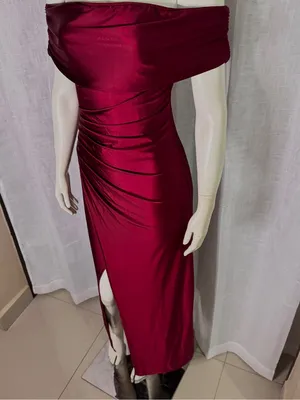 Off Shoulder Satin Maxi Dress Burgundy Pleated Ruched Front Slit Gown S thumbnail 5