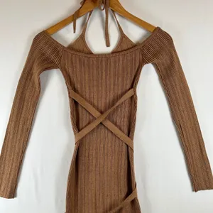 NBD Brown Ribbed Knit Stasia‎ Halter Wrap Midi Dress Small thumbnail 8