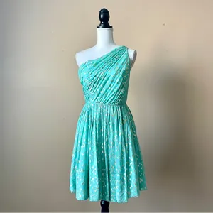SHOSHANNA | Silk Blend Teal/Metallic Gold Rayna One-Shoulder Cocktail Dress Sz 4 thumbnail 3