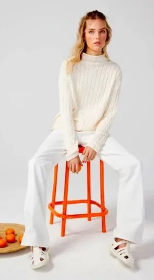 KULE The Mirabelle Cream Mock‎ Neck Cable Knit Cotton Sweater Size Medium thumbnail 1