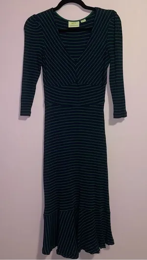 Anthropologie Maeve XS Midi Dress Blue Green Stripe 3/4 Sleeve thumbnail 1