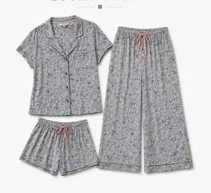 Lucky Brand 3 Piece Pajama Set XL Floral Top Crop Pants Shorts Blue Gray thumbnail 1