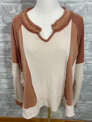POL Two-Tone Waffle Knit Pullover in Cream and Brown thumbnail 1