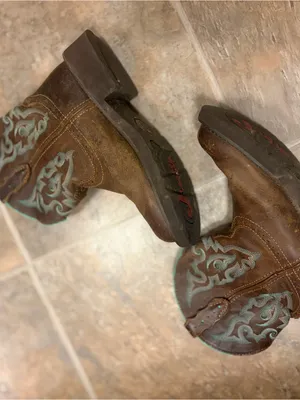 Justin Boots Brown Leather Cowboy Boots with Teal Stitching 7.5 B thumbnail 3