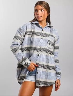 Buckle BKE Blue Plaid Button Front Oversized Shacket size L thumbnail 4