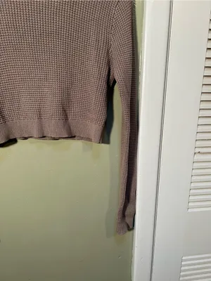 Garage Women’s Sz Large Mock Neck Sweater Cropped Light Brown Waffle Knit Cotton thumbnail 3