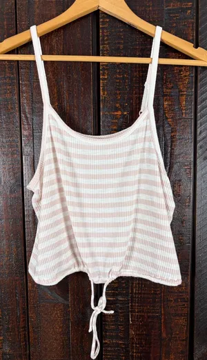 Striped Ribbed Tie-Hem Tank Top in Light Pink & White thumbnail 1