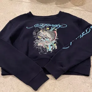 Ed Hardy Navy Koi Fish Logo On Back Cropped Pullover Sweatshirt XL NWT thumbnail 1
