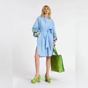 Essentiel Antwerp Embroidered Puff Sleeve Cotton Button Down Blue Dress S thumbnail 5