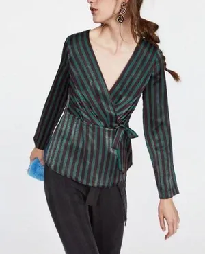 Zara Striped Sateen Wrap Blouse Medium Black thumbnail 1