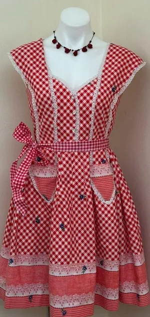 Red White Retro Gingham Checkered Lace Sleeveless Wing Hand Made Dress Sz S thumbnail 1