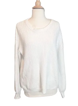 A New Day White Chunky Knit Sweater with Keyhole & Black Velvet Tie on Back thumbnail 1