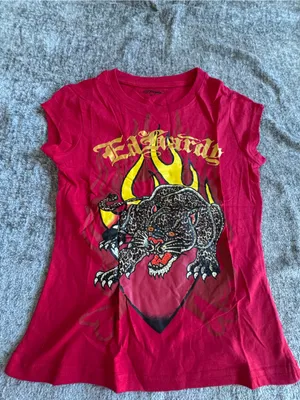 Ed Hardy Red Tee with Leopard and Flame Graphic thumbnail 5
