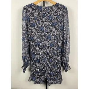 Vici Blue Purple Black Floral Ruched Long Sleeve Chiffon Mini Dress Size L‎ thumbnail 7