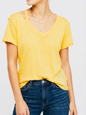 FREE PEOPLE We The Free Burnout Boyfriend T-shirt Yellow Short Sleeve CutOut Tee thumbnail 1