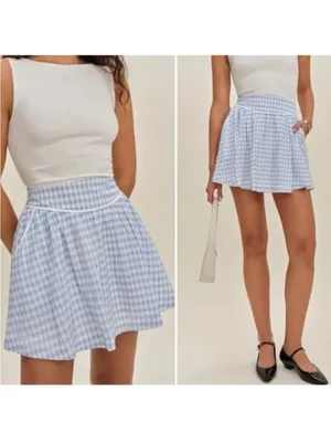Reformation Piper Skirt Mini Crystal Check Blue White Plaid size 6 NWT thumbnail 2