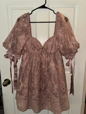 For Love & Lemons Size L Mauve Lace Puff Sleeve Mini Dress Satin Bow Ties thumbnail 1