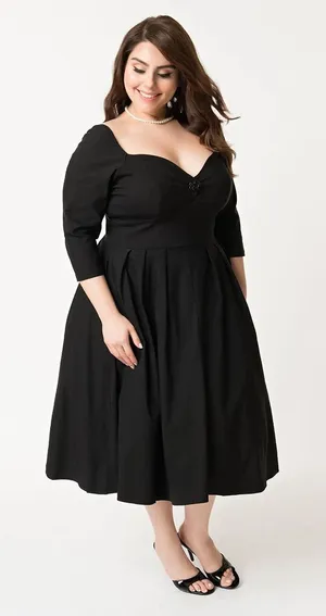 Unique Vintage Women Dress 1X/16 Black Lamar Sweetheart Swing 1950s Retro thumbnail 1