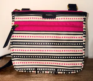 Fossil Eliza Crossbody Bag Striped Canvas Pink‎ Black Zip Top Shoulder Purse thumbnail 1