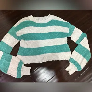 Beach Riot Teal and White Knit Sweater Bell Sleeve XS thumbnail 2