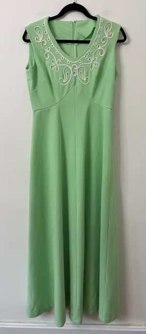 Vintage 1960s Sleeveless Mint Green Maxi Dress with Embroidered Scoop Neck thumbnail 1