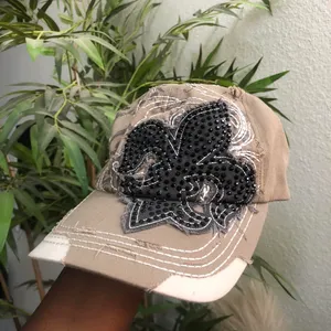 Y2K Gothic Beige Black Cyber Punk studded rhinestone large fleur de lis distressed messenger cap hat #fairy #grunge #punk #skater #whimsygoth bedazzled Adjustable thumbnail 4