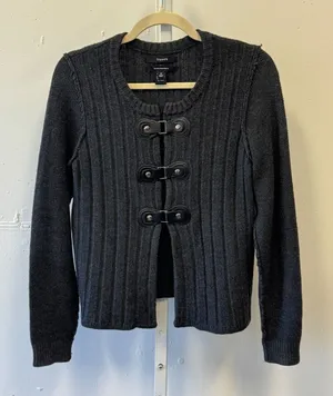 Y2K‎ Tahari Merino Wool Blend Ribbed Cardigan Sweater Gray Toggle Closure Medium thumbnail 1