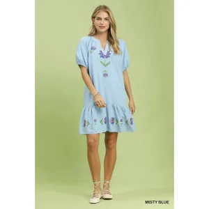 Umgee Embroidered Floral Babydoll Dress - Mistyblue‎ - Small thumbnail 5