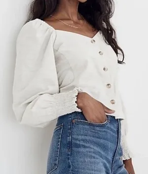 🤍 Madewell Cream Corduroy‎ Sweetheart Smocked Top Size 10 Puff Sleeve 🤍 thumbnail 1