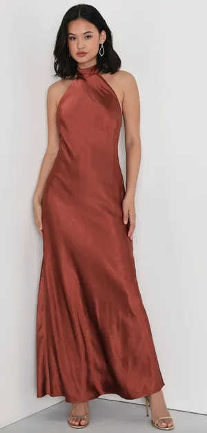 Lulus Love in Your Life Rust Brown Satin Halter Maxi Dress Formal Glam XL NWT thumbnail 1