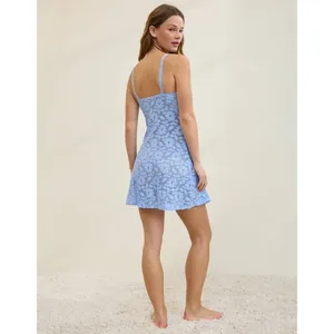 Aerie Women Dress L Blue Lace Mini Floral Sheer Overlay Sweetheart Strappy thumbnail 4