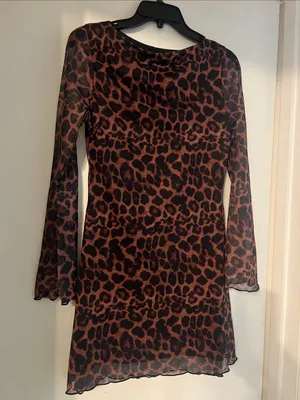 Leopard Print Bell Long Sleeve Sheer Dress - Brown Animal Print Y2k Mesh Sheer thumbnail 2
