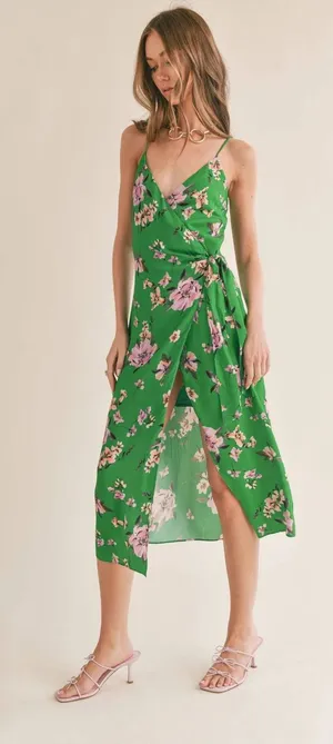 Sage The Label Greener Side Floral Wrap Midi Dress Green Small NWT thumbnail 1