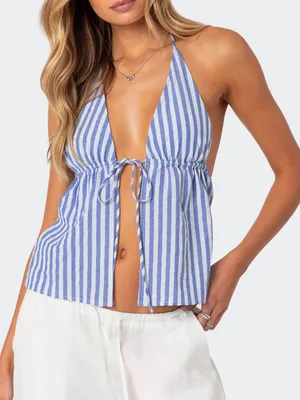 Edikted Madelyn Stripe Tie Front Cotton Halter Top Women’s Small thumbnail 1