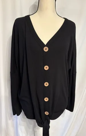 Zenana Outfitters Boho Black Button-Front Tie Hem V-Neck Blouse Size M thumbnail 1