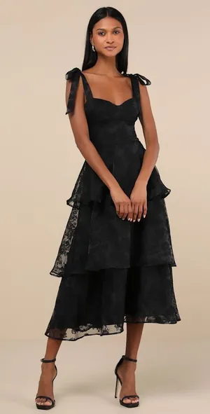 NWT Lulus Glamorous Sweetie Black Burnout Tie-Strap Bustier Midi Dress Formal M thumbnail 1