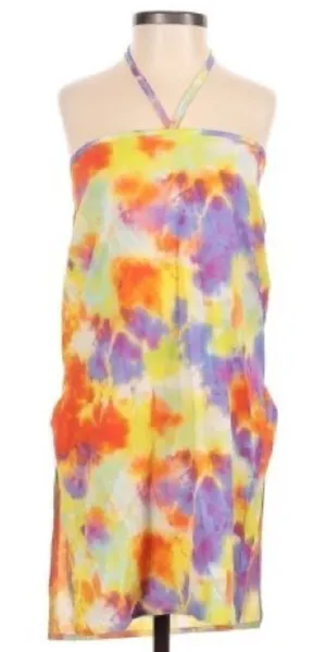 Boohoo Womens Sz 4 Halter Top Mini Dress Yellow Orange Purple Tie Dye Slit Sides thumbnail 1