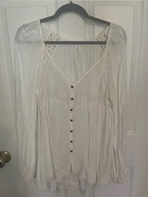 Free People Ivory V-Neck Button Front Lace Peasant Blouse thumbnail 1