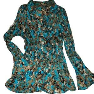 APT 9 Ruffled and Pleated Long Sleeve Blouse, Turquoise & Brown, Size M thumbnail 2