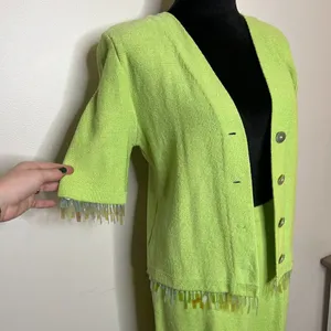 Vintage Liz Sheldon Ltd Lime Green‎ Skirt and Sweater Set w/ Jewel Tassel Detail thumbnail 6