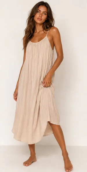 Old Navy Cotton Gauze Midi Dress Neutral Minimalist Coastal Boho Parisian Luxury thumbnail 1