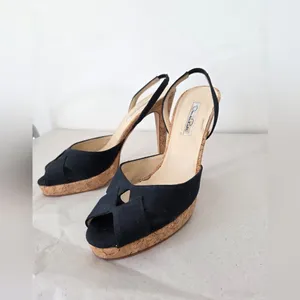 Oscar De La Renta Canvas Stilletto Heels Black Cork Designer Career Office EU 39 thumbnail 2